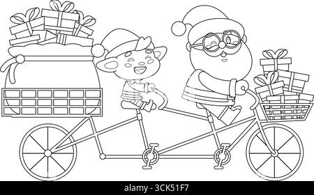 Der süße Weihnachtsmann und der Elf, der auf einem Tandem-Fahrrad mit Weihnachtsgeschenken-Zeichentrickfiguren unterwegs ist. Handgezeichnete Vektorgrafik Stock Vektor