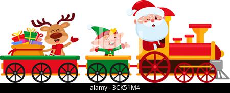 Niedlicher Weihnachtsmann, Elf und Rentier, der In Einem festlichen Weihnachtszug mit Gifts Cartoon-Charakteren unterwegs ist. Vektorabbildung Flache Konstruktion Stock Vektor