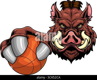 Wildschwein-Krallen-Basketball-Sport-Maskottchen-Logo-Design. Handgezeichnete Vektor-Illustration Isoliert Auf Transparentem Hintergrund Stock Vektor