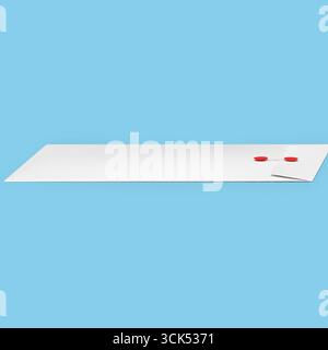 Ein leeres Blatt Papier mit zwei roten kreisförmigen Objekten und einer kleinen gefalteten Ecke, was auf ein einfaches Design oder Schreibwaren hindeutet. Stockfoto