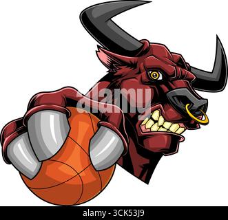 Wild Bull Clutching Basketball Mit Fierce Expression Sports Mascot Logo Design. Handgezeichnete Vektor-Illustration Isoliert Auf Transparentem Hintergrund Stock Vektor