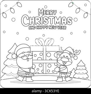 Ein Weihnachtsgruß mit den Charakteren des Weihnachtsmanns und Rentiers, die Eine Geschenkbox hochhalten. Handgezeichnete Vektorgrafik Stock Vektor