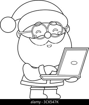 Die umrissene süße Weihnachtsmann-Cartoon-Figur mit Brille arbeitet an Einem Laptop. Handgezeichnete Vektorgrafik Stock Vektor