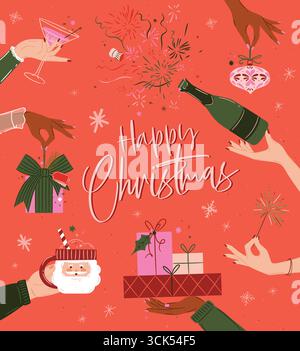 Poster zur Weihnachtsfeier mit Flasche, Geschenken, Feuerwerk, Baumspielzeug, Cocktailglas und weihnachtsmannszeichnung im Vintage-Stil auf Korallen Stock Vektor