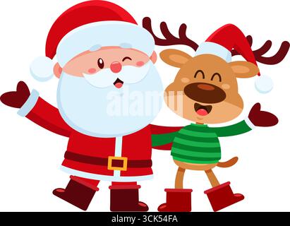 Niedliche Weihnachtsmann- Und Rentier-Cartoon-Charaktere, Die Hände Singen Und Winken. Vektorabbildung Flache Konstruktion Stock Vektor