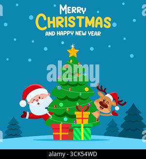 Frohe Weihnachtsgrüße Mit Weihnachtsmann- Und Rentier-Cartoon-Charakteren. Vektorabbildung - Flache Konstruktion Mit Querformat-Hintergrund Stock Vektor