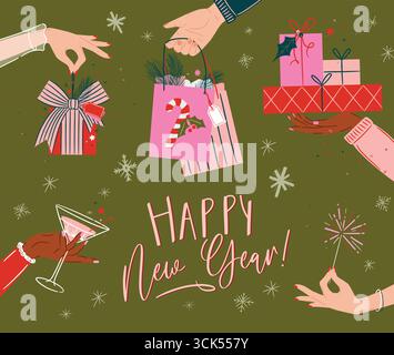 Happy New Year Party Poster mit Hand Geschenke halten, Feuerwerk, Cocktailglas Zeichnung in Art Vintage Stil auf grünem Hintergrund. Stock Vektor