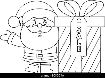Umrissene Süße Weihnachtsmann-Cartoon-Figur Zeigt Riesige Geschenkbox Mit Label Sign Sale. Handgezeichnete Vektorgrafik Stock Vektor