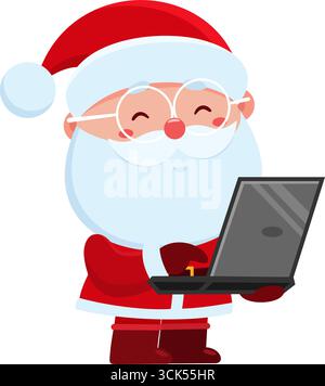 Der süße Weihnachtsmann Cartoonfigur mit Brille arbeitet an Einem Laptop. Vektorabbildung Flache Konstruktion Isoliert Auf Transparentem Hintergrund Stock Vektor
