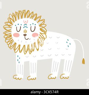 Eine niedliche, stilisierte Illustration eines Löwen mit flauschiger Mähne, mit sanften Farben und verspielten Designs. Stockfoto