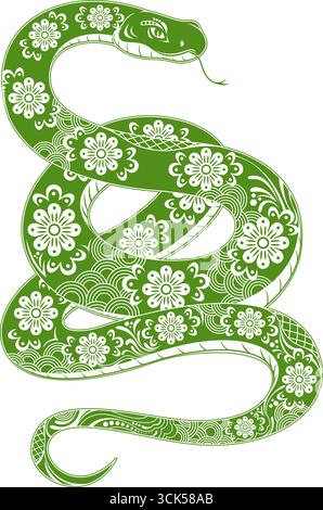 Chinesisches Neujahr Der Schlange Zodiac Grüne Schlange Mit Dekorativen Mustern. Handgezeichnete Vektorgrafik Stock Vektor