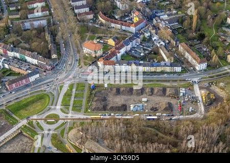 Luftaufnahme, Baustellenbüro Campus Trium an der Wattenscheider Straße Ecke Gahlensche Straße am Westpark, Kreisverkehr Platz der dicht Stockfoto