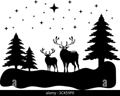 Schwarze Silhouette Des Weihnachtlichen Rentiers. Handgezeichnete Vektor-Illustration Isoliert Auf Transparentem Hintergrund Stock Vektor