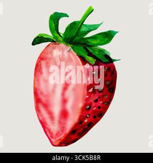 Eine farbenfrohe Illustration einer halbgeschnittenen Erdbeere mit saftigem Innenraum und leuchtend grünen Blättern. Stockfoto