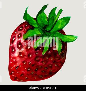 Eine lebendige Aquarellillustration einer Erdbeere mit saftig roter Farbe und grünen Blättern. Stockfoto