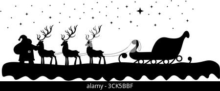 Weihnachtsmann und Ein Rentier Schwarze Silhouetten. Handgezeichnete Vektor-Illustration Isoliert Auf Transparentem Hintergrund Stock Vektor