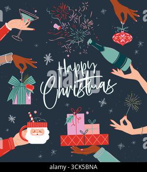 Weihnachtsfeierungsplakat mit Handflasche, Geschenken, Feuerwerk, Baumspielzeug, Cocktailglas und weihnachtsmannszeichnung im Vintage-Stil auf blauem B Stock Vektor