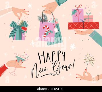 Happy New Year Party Poster mit Hand halten Geschenke, Feuerwerk, Cocktailglas Zeichnung in Art Vintage Stil auf beigem Hintergrund. Stock Vektor