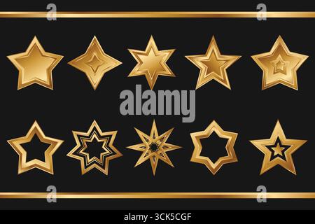 Goldene Sterne-Symbole für die Kundenrangliste. Hochwertige Sternen-Kollektion mit realistischem Farbverlauf. Glänzende 3D-Sterne in verschiedenen Formen. Stock Vektor