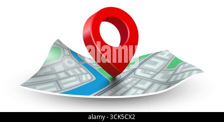 Gefaltete Kartennavigation mit roter Straßennadel. Vektorabbildung Stock Vektor