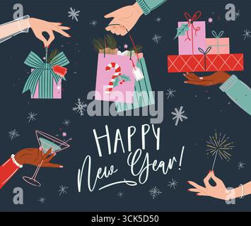 Happy New Year Party Poster mit Hand halten Geschenke, Feuerwerk, Cocktailglas Zeichnung in Art Vintage Stil auf blauem Hintergrund. Stock Vektor