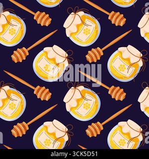 Nahtloses Muster mit Honigglas und hölzernem Honiglöffel auf dunklem Hintergrund für Lebensmittel und Naturprodukte im Cartoon-Stil. Stock Vektor