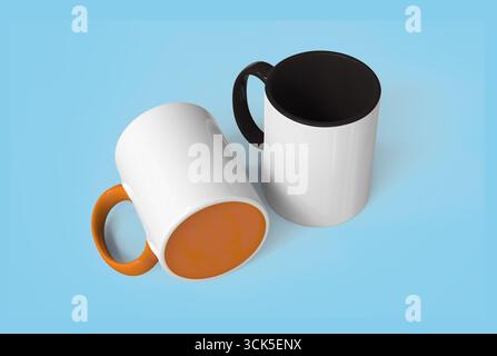 Zwei Kaffeetassen, eine weiß mit orangefarbener Innenseite und die andere schwarz mit weißer Außenseite, leicht schräg positioniert. Stockfoto