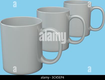 Drei graue, hintereinander angeordnete Tassen, die zum Servieren von Getränken geeignet sind. Stockfoto