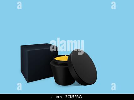 Ein schwarzes Gefäß mit gelber Substanz, teilweise geöffnet, neben einer schwarzen Box, die auf ein Kosmetik- oder Hautpflegemittel hindeutet. Stockfoto