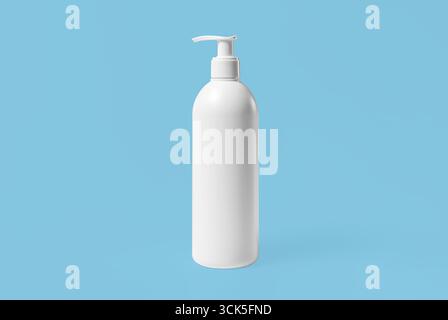 Eine einfache weiße Pumpenflasche steht aufrecht auf einem grauen Hintergrund, die häufig für Lotionen oder flüssige Produkte verwendet wird. Stockfoto