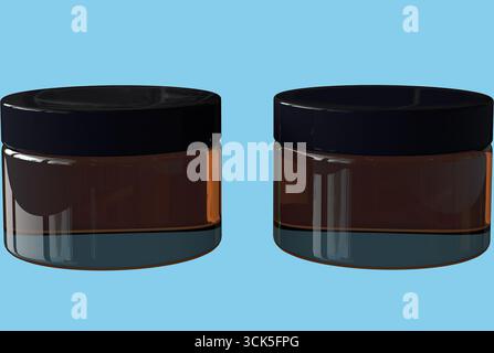 Zwei braune Glasgläser mit schwarzen Deckeln, die häufig für Kosmetik- oder Hautpflegeprodukte verwendet werden. Stockfoto