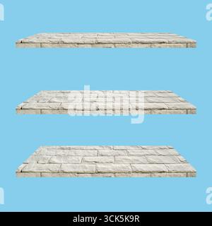 Dieses Bild zeigt drei horizontale Steinregale, die eine strukturierte Oberfläche zeigen, die für die Ausstellung oder Aufbewahrung geeignet ist. Stockfoto