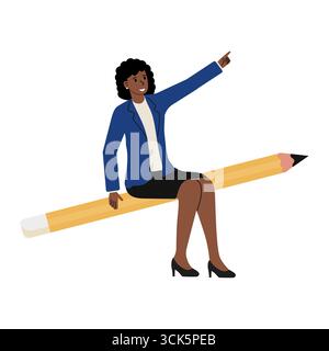 Eine Frau in einem blauen Blazer sitzt selbstbewusst auf einem großen gelben Bleistift und bewegt nach oben. Diese kreative Darstellung verkörpert Inspiration und Innovation in einem Stock Vektor