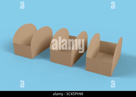 Drei leere Kartonschachteln mit gewölbten Oberteilen, geeignet für Verpackung oder Lagerung. Stockfoto