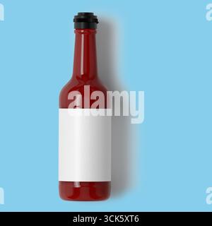 Eine rote Glasflasche mit einem leeren weißen Etikett, geeignet für verschiedene Getränke oder Saucen. Stockfoto