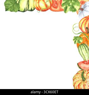 Rechts oben mit orangefarbenen, weißen und gelben Aquarellkürbissen, Butternusskürbis und grünen Blättern. Gemüsedekoration. Thanksgiving Clipart. Hand-dra Stockfoto