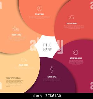 Eine abstrakte, farbenfrohe Infografik-Vorlage, die einen Prozess oder ein Konzept veranschaulicht. Diese Infografik enthält fünf miteinander verbundene kreisförmige Abschnitte, jeweils wi Stock Vektor