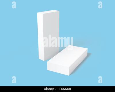 Zwei einfache weiße rechteckige Blöcke, von denen einer vertikal und der andere horizontal steht, was ein minimalistisches Design suggeriert. Stockfoto