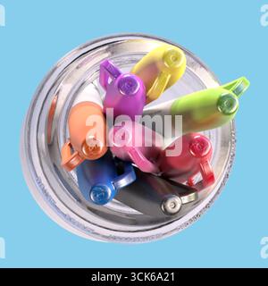 Eine Sammlung von farbenfrohen Markierungen, die in einem Behälter angeordnet sind und verschiedene Farbtöne für künstlerische oder Schreibzwecke zeigen. Stockfoto