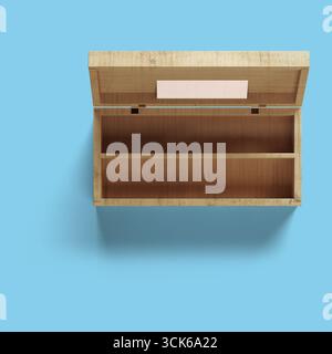 Eine Holzkiste mit Klappdeckel, mit zwei Fächern zur Aufbewahrung oder Organisation. Stockfoto
