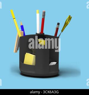 Ein schwarzer Stifthalter, gefüllt mit verschiedenen Schreibgeräten wie Stiften, Bleistiften und Haftnotizen, dient als organisatorisches Werkzeug. Stockfoto