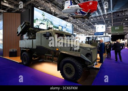 Eine der Ausstellungsstücke auf der Defence and Security Equipment International (DSEI) UK, der Vorzeigeveranstaltung für die Verteidigung Großbritanniens, im Excel London im Royal Victoria Dock im Osten Londons. Bilddatum: Mittwoch, 10. September 2025. Stockfoto