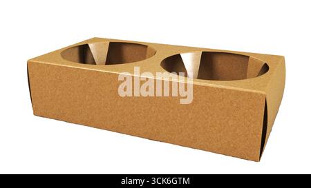 Ein Kartonbehälter mit zwei kreisförmigen Fächern, der normalerweise zur Aufbewahrung von Lebensmitteln wie Snacks oder Vorspeisen verwendet wird. Stockfoto