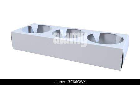 Ein weißer Kartonbehälter für drei Einzelteile, die wahrscheinlich für Lebensmittel oder Getränke geeignet sind. Stockfoto