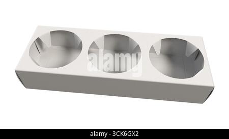 Ein einfarbiger Kartonhalter für drei runde Gegenstände, geeignet für Speisen oder Getränke. Stockfoto