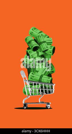 Moderne Collage. Hand mit Essstäbchen, die eine Rolle Dollar von den Geldrollen heben Stockfoto