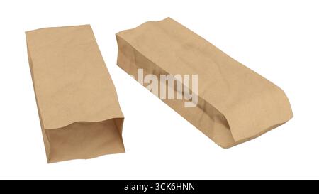 Zwei zerknitterte braune Papiertüten, eine aufrecht und die andere seitlich, bieten ein einfaches Design für das Tragen von Gegenständen. Stockfoto