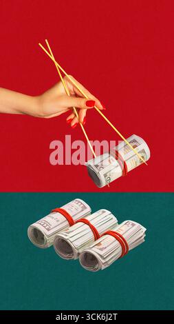 Kreatives digitales Kunstwerk. Warenkorb überladen mit grünen Geldrollen auf orangem Hintergrund Stockfoto