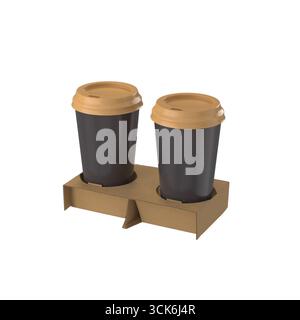 Eine Kartonschale für zwei Kaffeetassen zum Mitnehmen, die für einen einfachen Transport konzipiert sind. Stockfoto