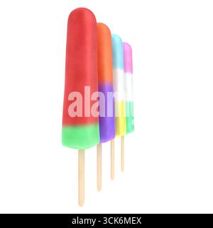 Eine bunte Auswahl an Eisstöcken auf Holzstäben, die lebendige Schichten in verschiedenen Geschmacksrichtungen zeigen. Stockfoto
